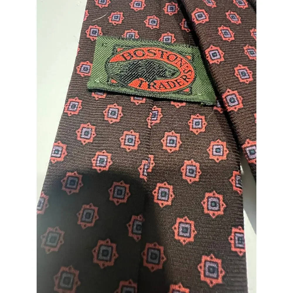 Vintage Filene's Boston Traders Silk Necktie Brown Pink Purple Geometric JL